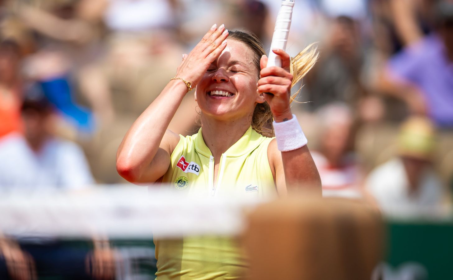 Maja Chwalinska celebrating at Roland-Garros Maja Chwalinska in a contextual photograph: breakthrough-season context portrait; not tattoo evidence