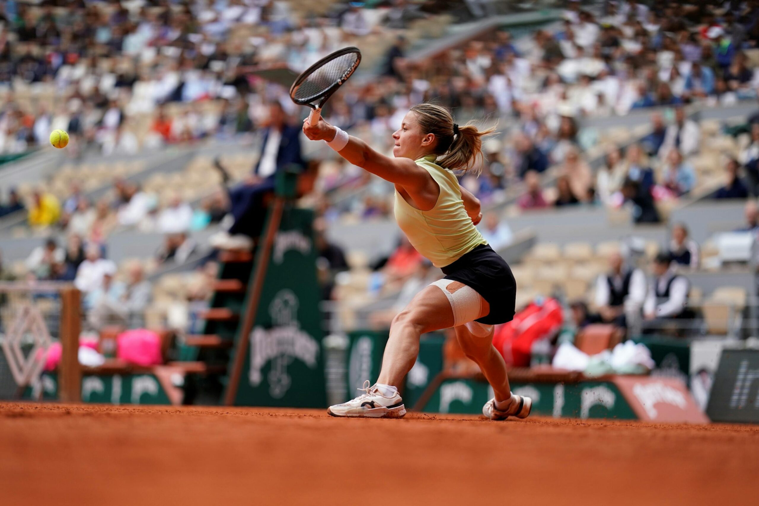 Maja Chwalinska playing at Roland-Garros Maja Chwalinska in a contextual photograph: Roland-Garros match context; not tattoo evidence