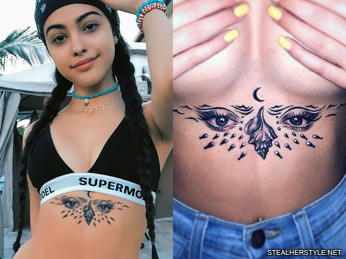 Malu Trevejo tattoos: The eyes and crescent design provide the collection’s central chest image