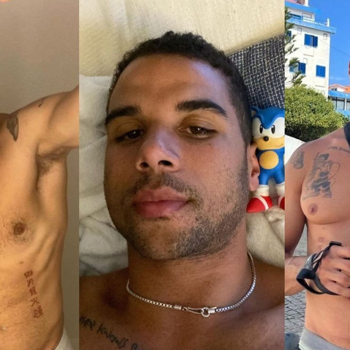 Mason Gooding tattoos: Genuine tattoo photograph showing the chest and ribcage artwork in a three-panel editorial image.