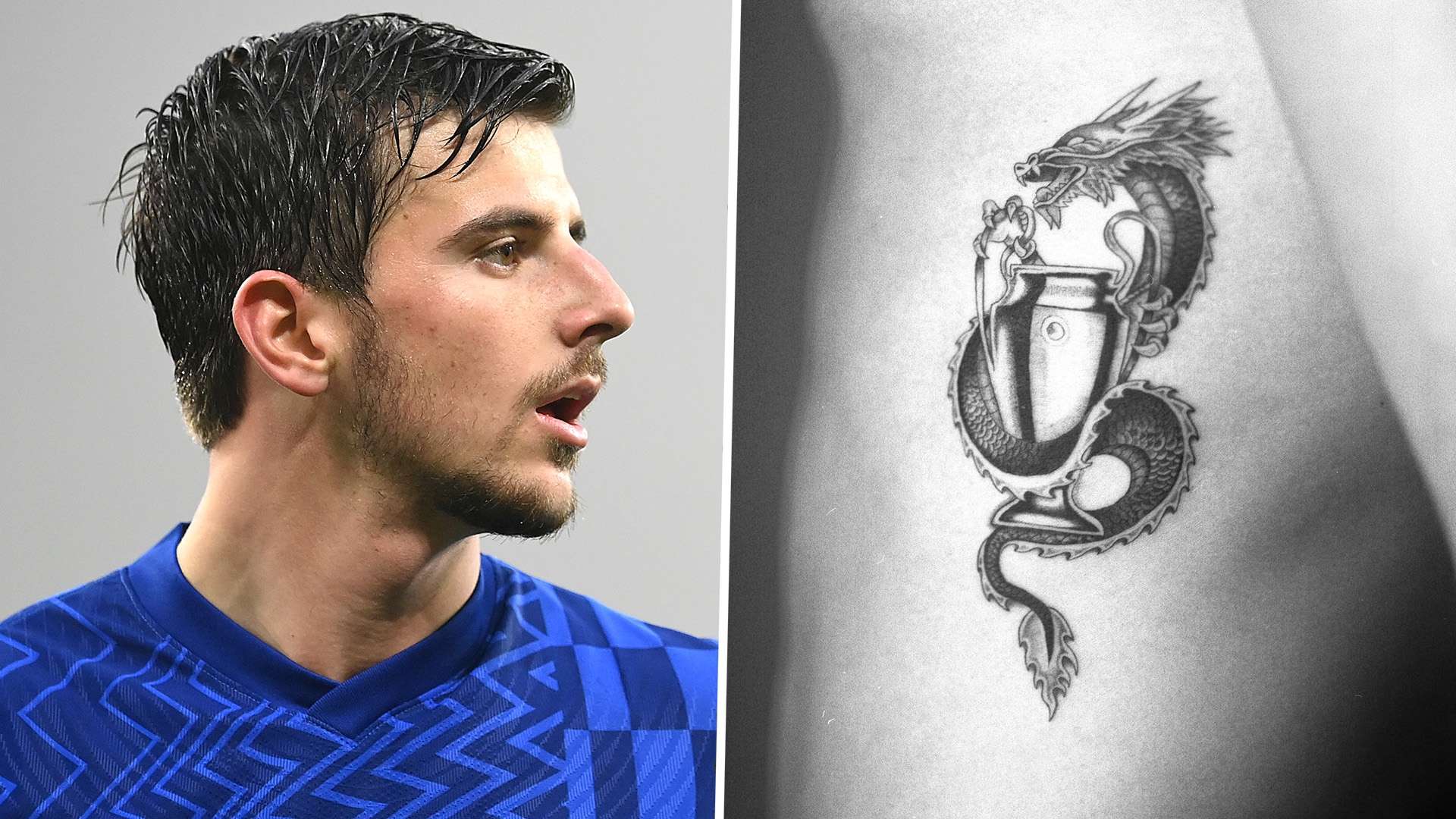 Mason Mount tattoos: Tattoo evidence: high-resolution close composition showing Mason Mount's dragon and Champions League trophy tattoo with his face beside the design.