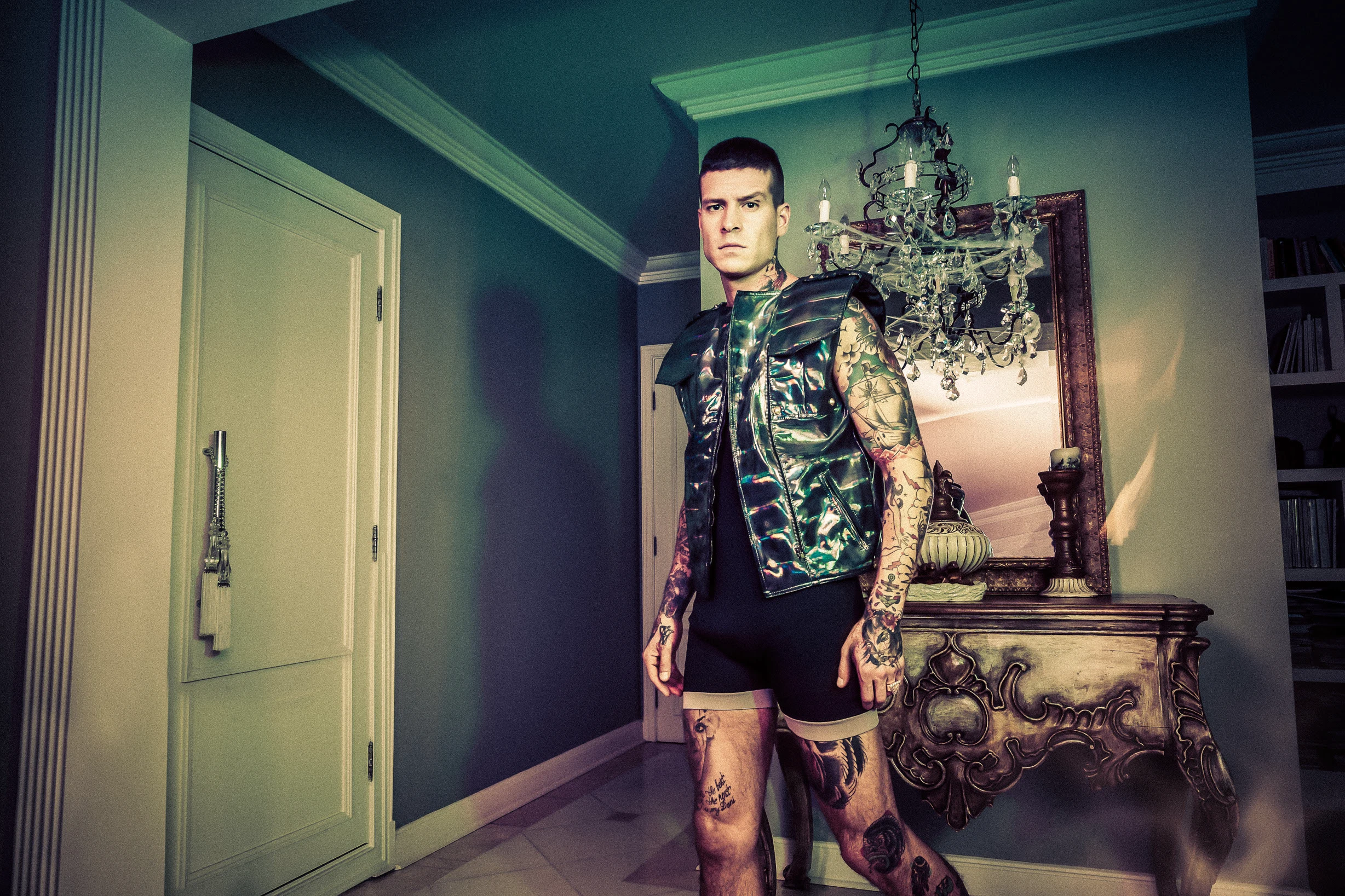 Mateus Verdelho tattoos: Sailing ship, masts, sails and surrounding left-arm designs