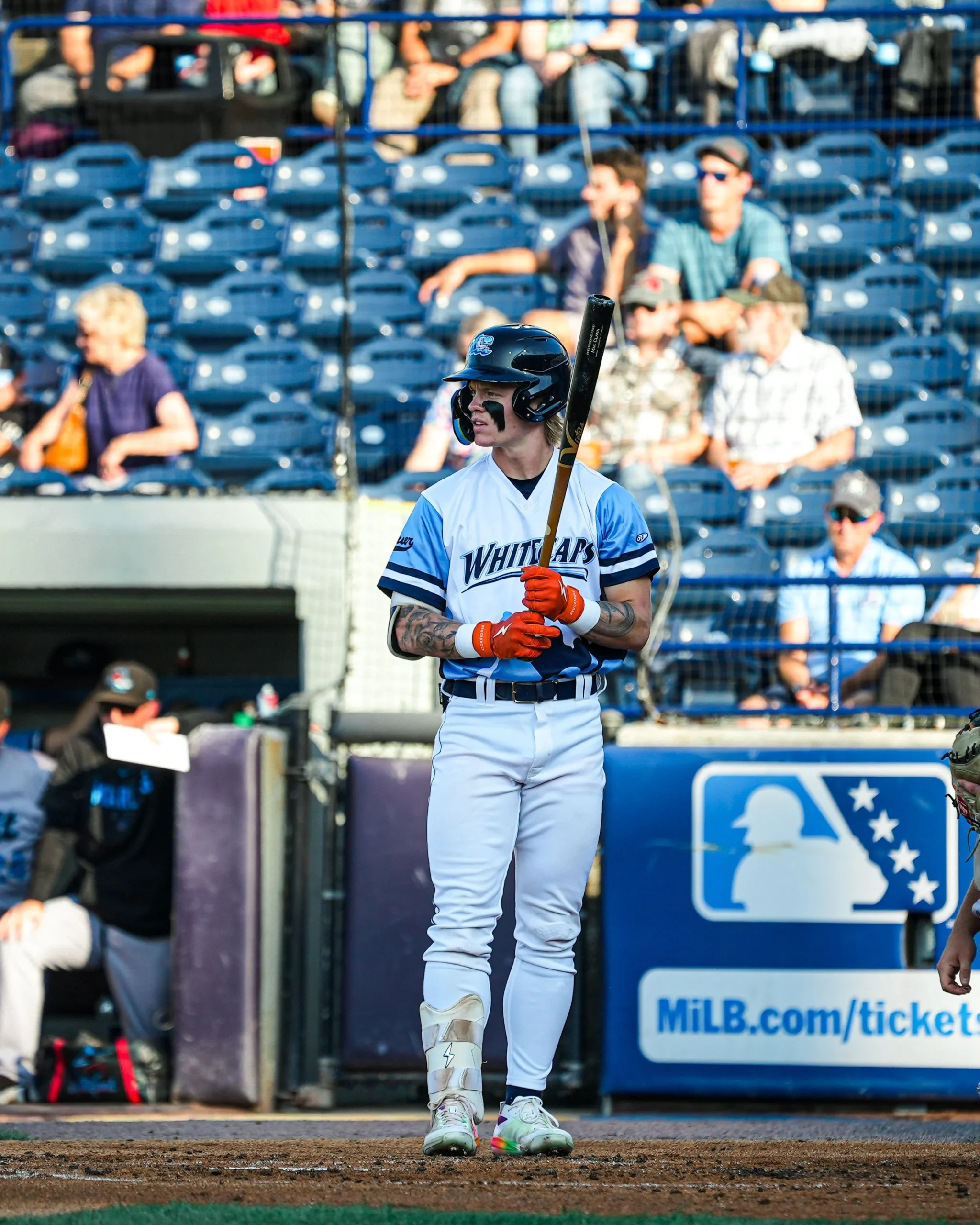 Max Clark tattoos: Max Clark’s arm tattoos during a batting pose