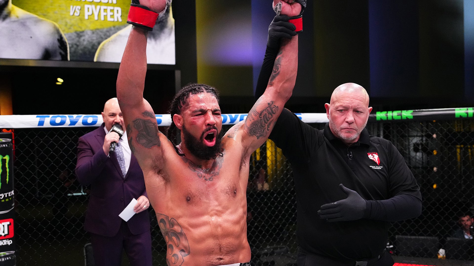 Max Griffin tattoos: The chest script and knuckle tattoo on his right side