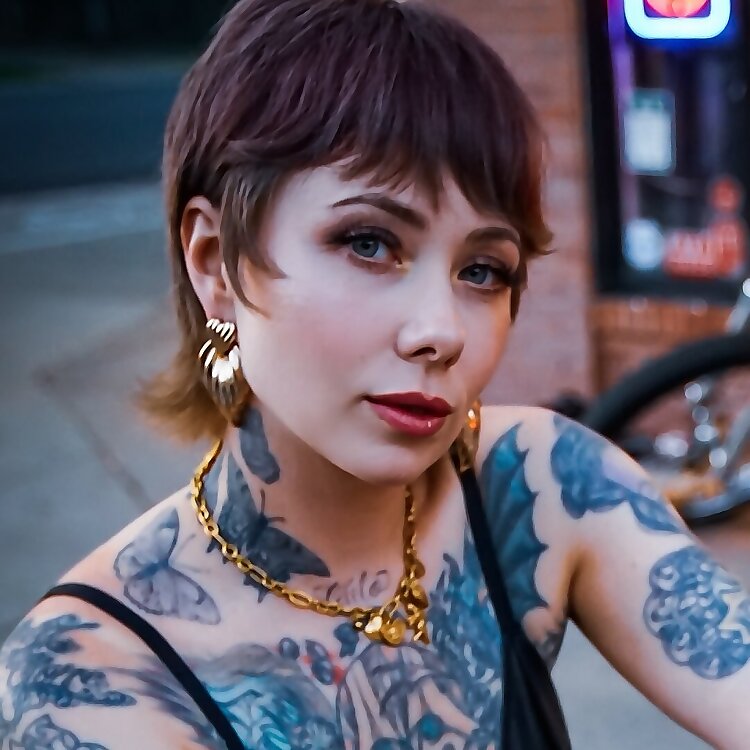 Megan Massacre tattoos: face-visible portrait showing hand tattoos and the dense sleeve texture