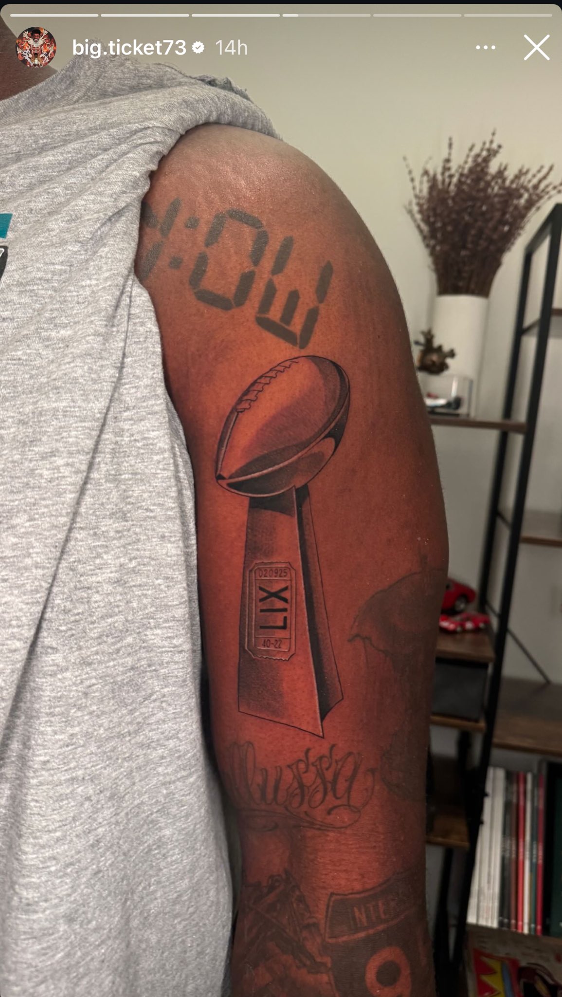 Mekhi Becton tattoos: Tattoo evidence: inspected close photograph from the Super Bowl tattoo post, with the relevant design clearly visible.