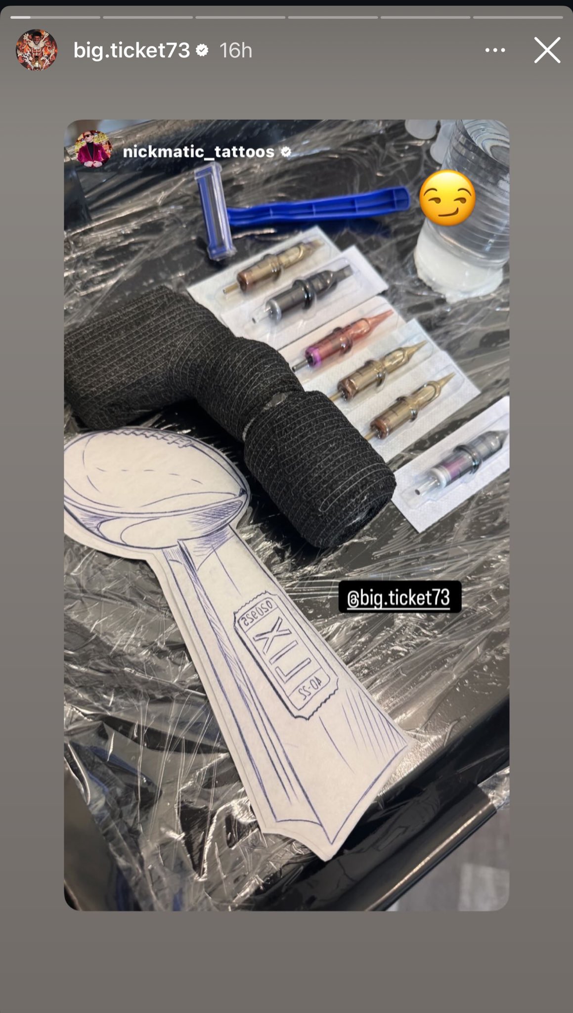 Mekhi Becton tattoos: Tattoo evidence: inspected close photograph from the Super Bowl tattoo post, with the relevant design clearly visible.