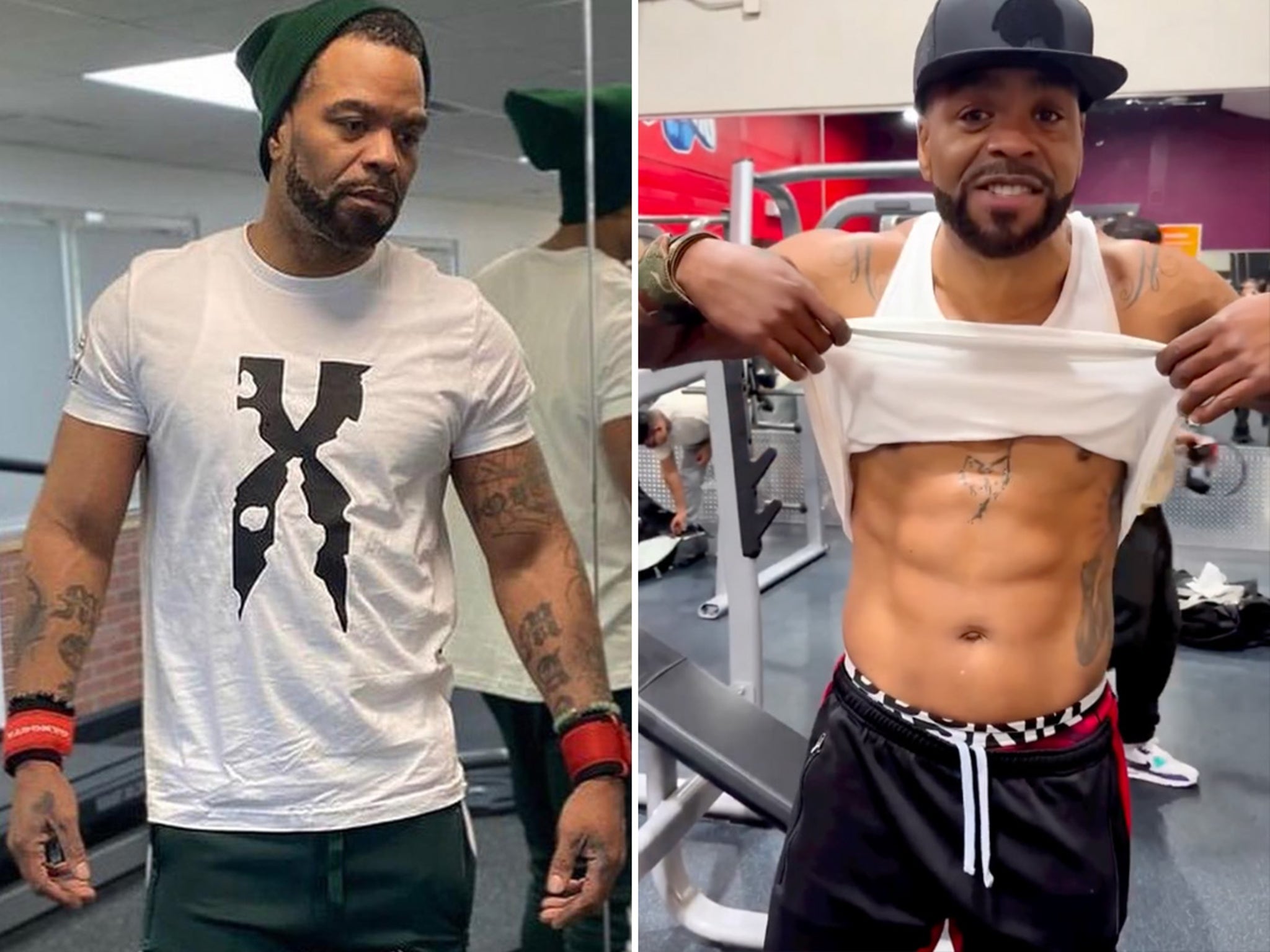 Method Man tattoos: gym photo showing tattooed arms, chest and upper-body coverage