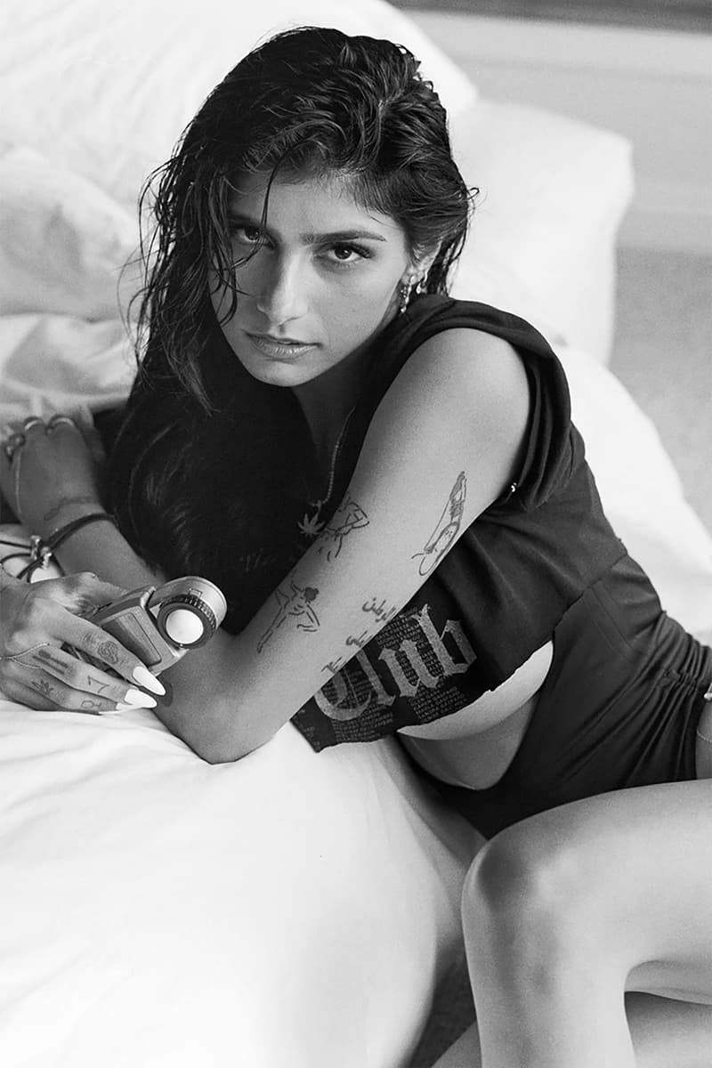 Mia Khalifa tattoos: line drawings and bolder black ink across the arms