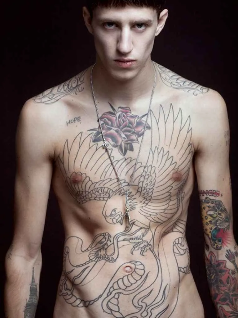 Miles Langford eagle and snake torso tattoo with chest rose