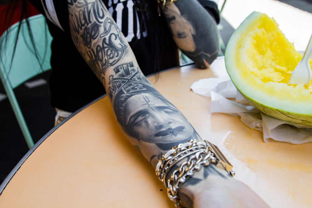 Monami Frost tattoos: Monami Frost full-body tattoo layout photograph, selected because the named tattoo area is clearly visible at full resolution