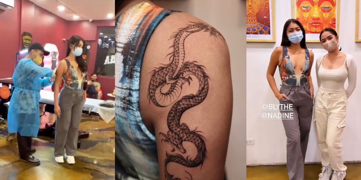 Nadine Lustre session and close-up view of the documented dragon tattoo on the upper arm Nadine Lustre tattoos: session and close-up view of the documented dragon tattoo on the upper arm
