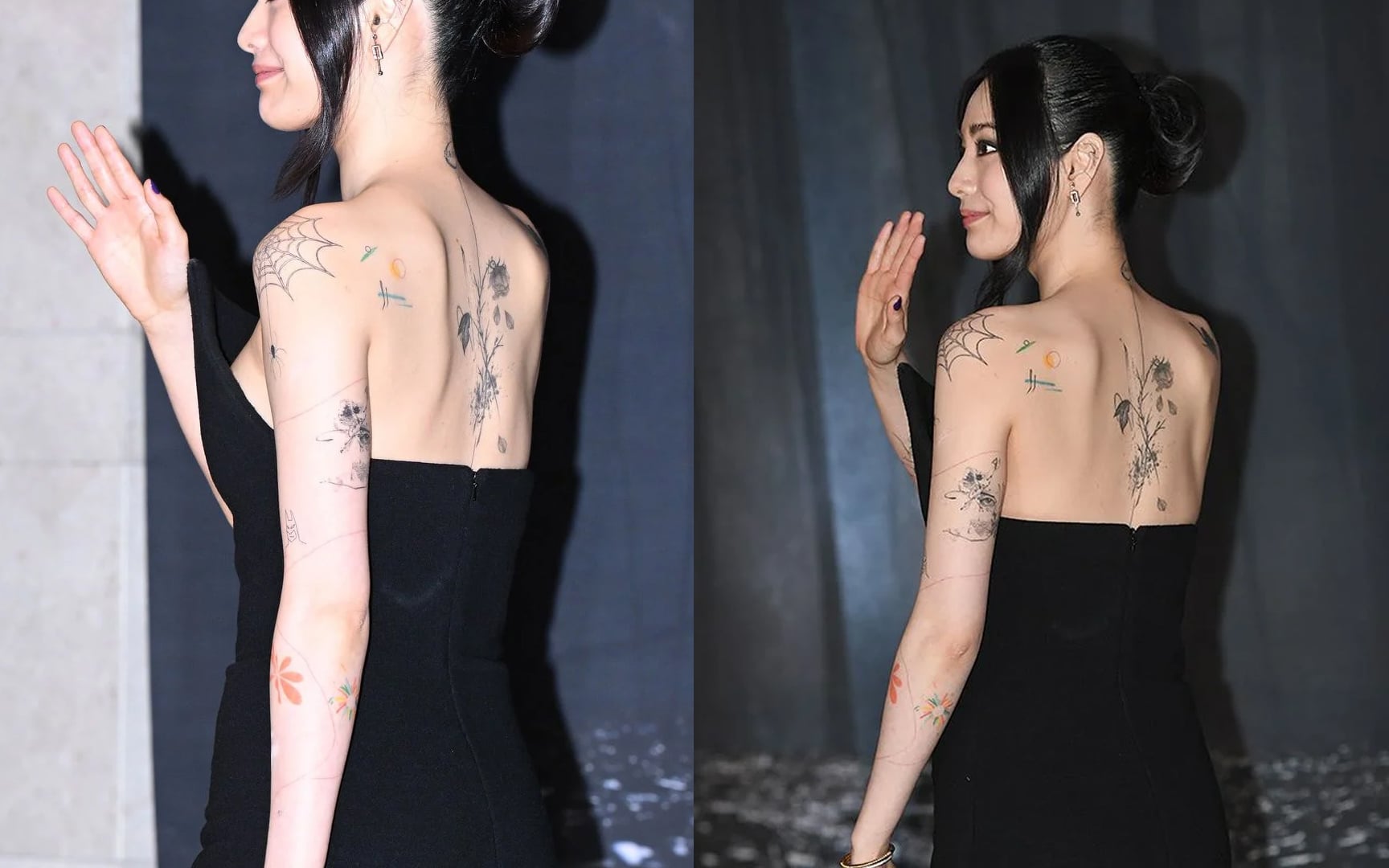 Nana tattoos: VIP screening photograph showing the large shoulder web and surrounding back designs