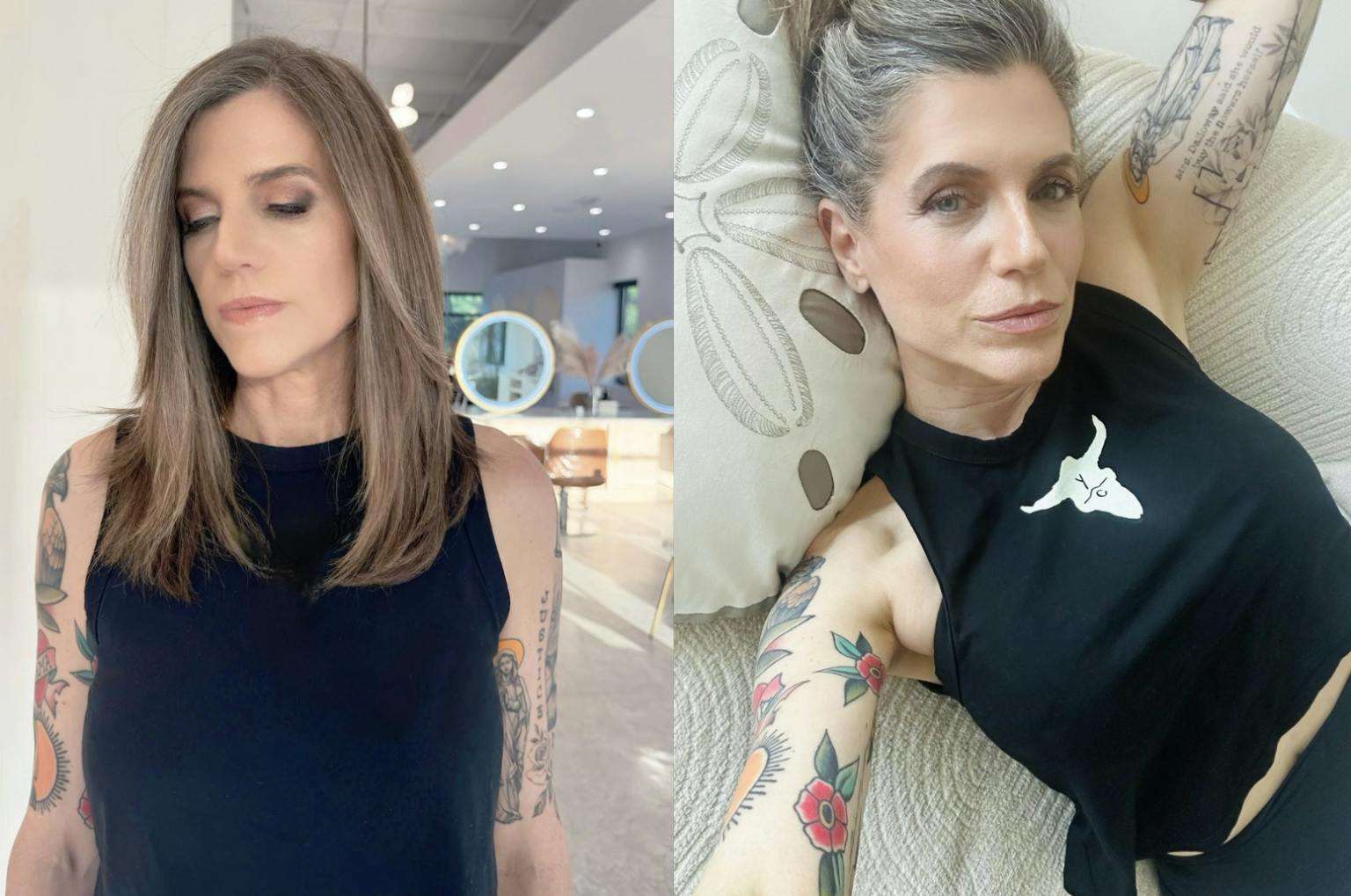Nancy Mace tattoos: Salon portrait showing the bird and arm lettering at a separate angle.