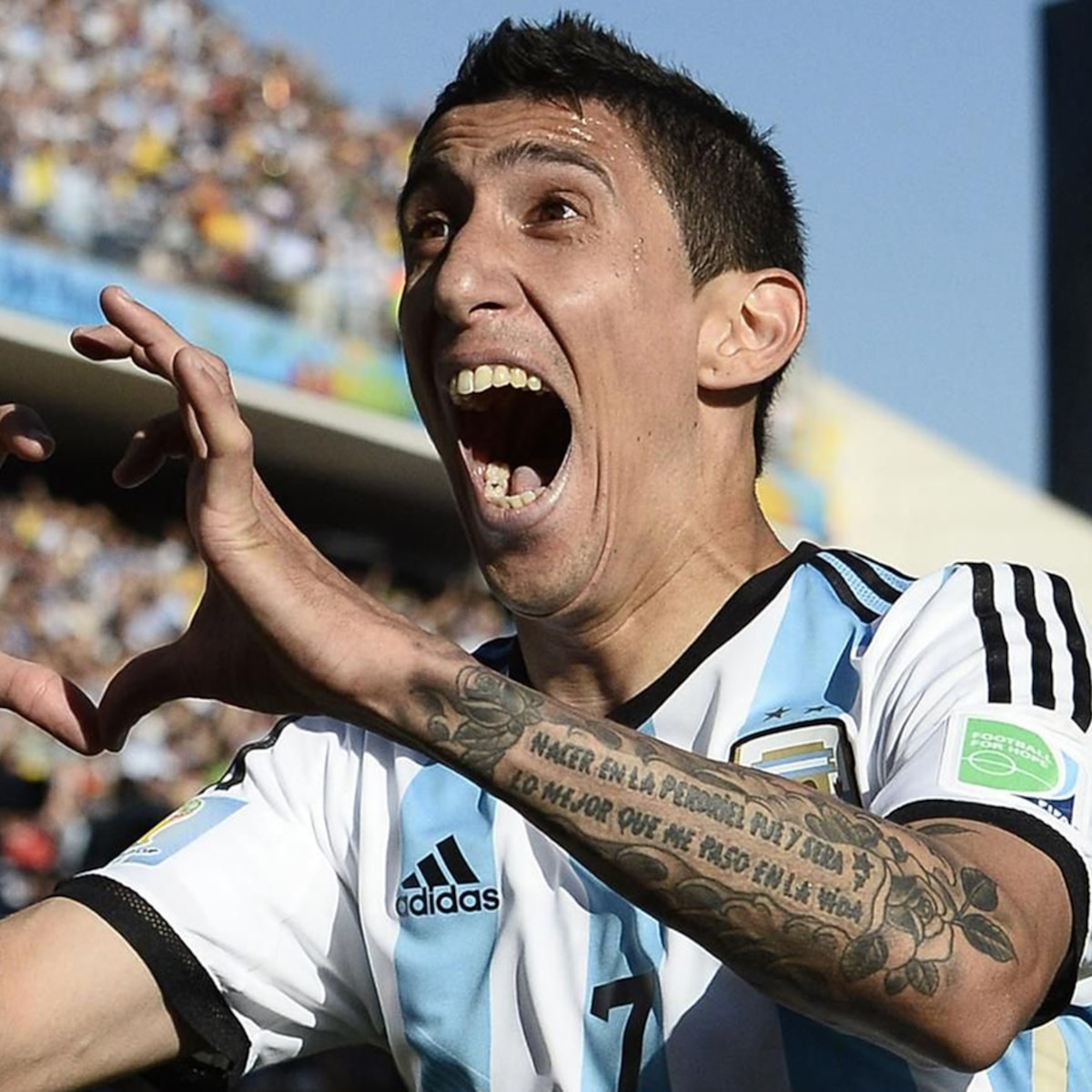 Ángel Di María Copa América trophy, PIA lettering and thigh composition Ángel Di María tattoos: Copa América trophy, PIA lettering and thigh composition