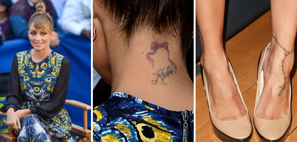 Nicole Richie bow neck and rosary ankle tattoos