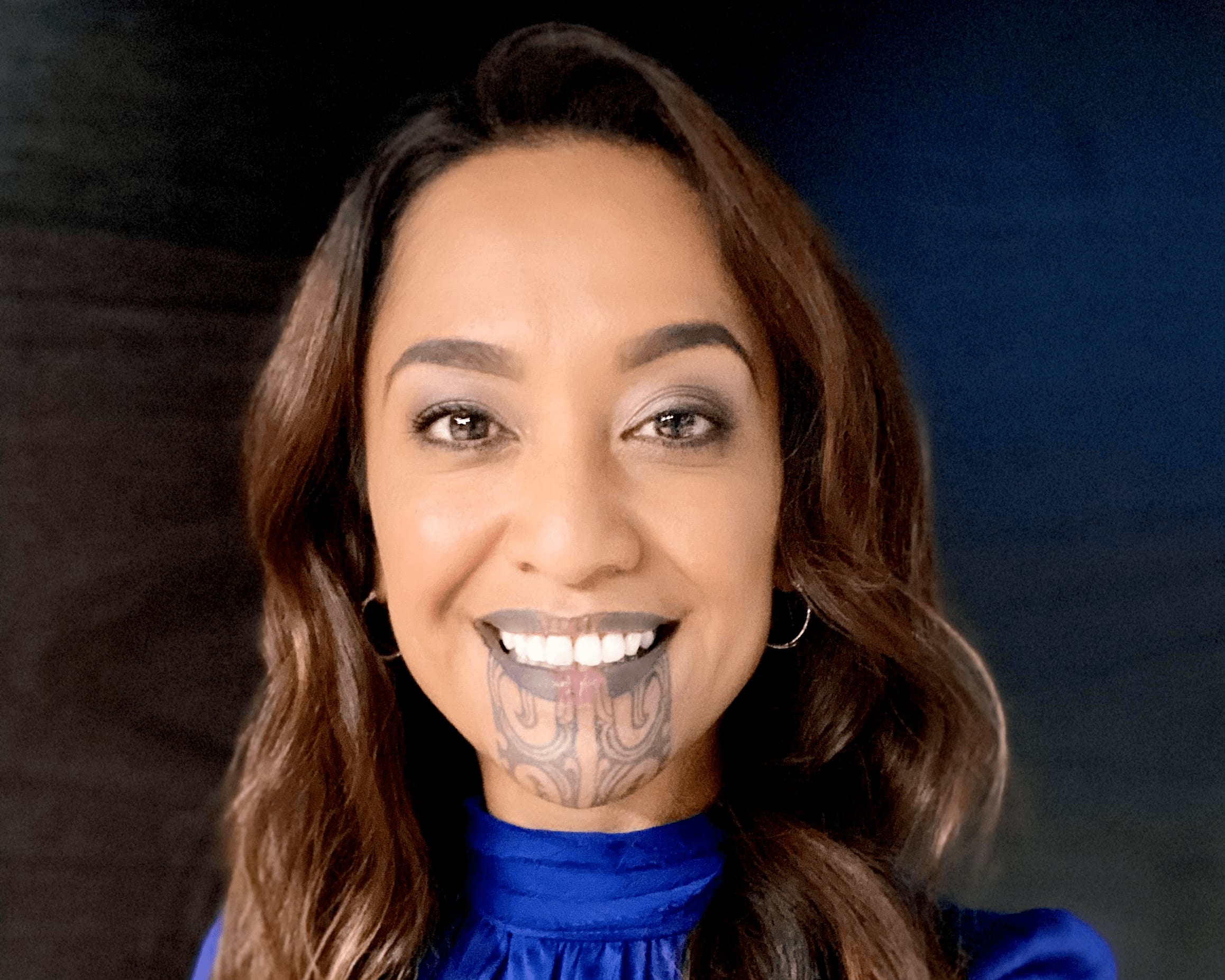 Oriini Kaipara tattoos: Oriini Kaipara close portrait for the central chin pattern section