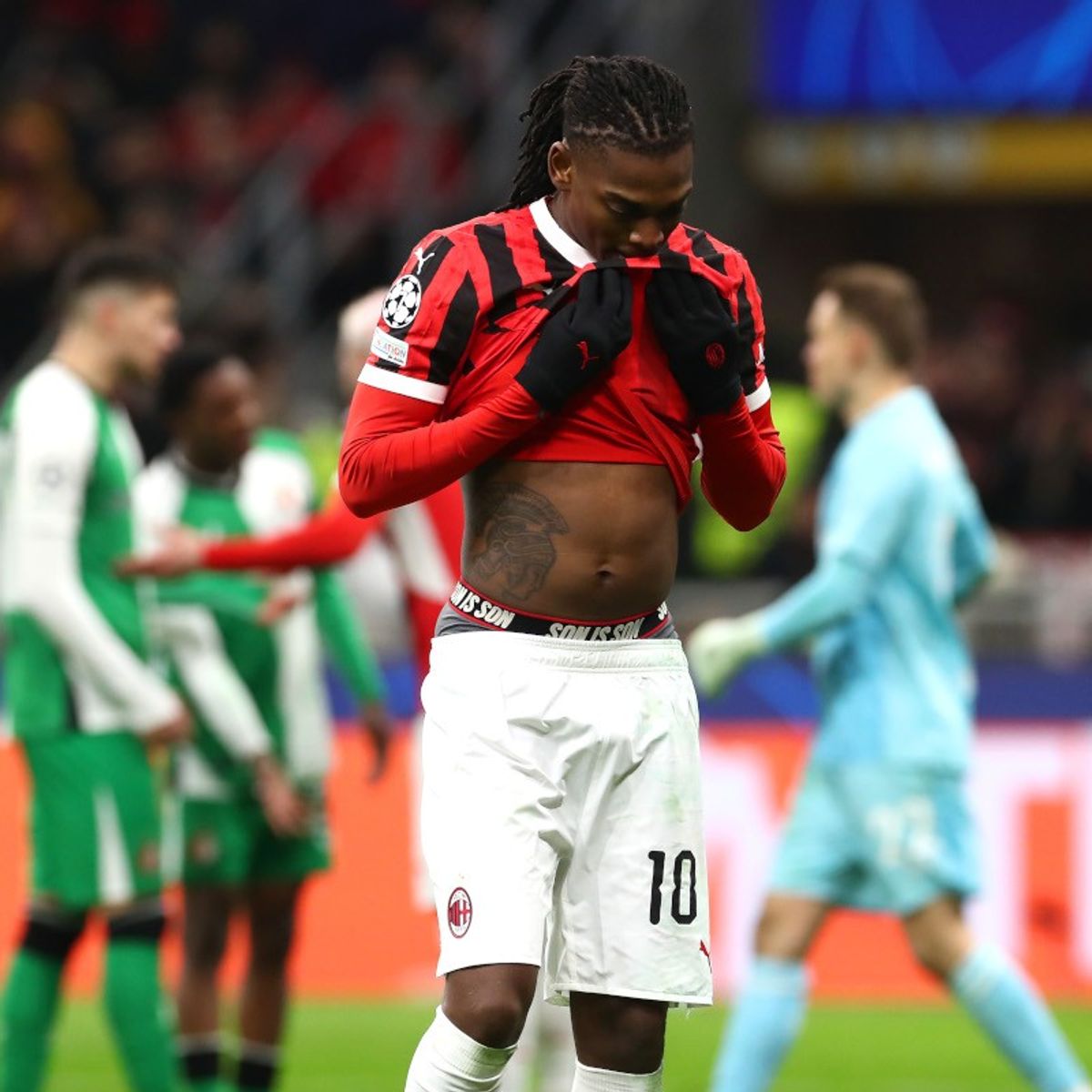 Rafael Leao tattoos: Distinct square editorial photograph showing the tattoo along Leão’s side and ribs