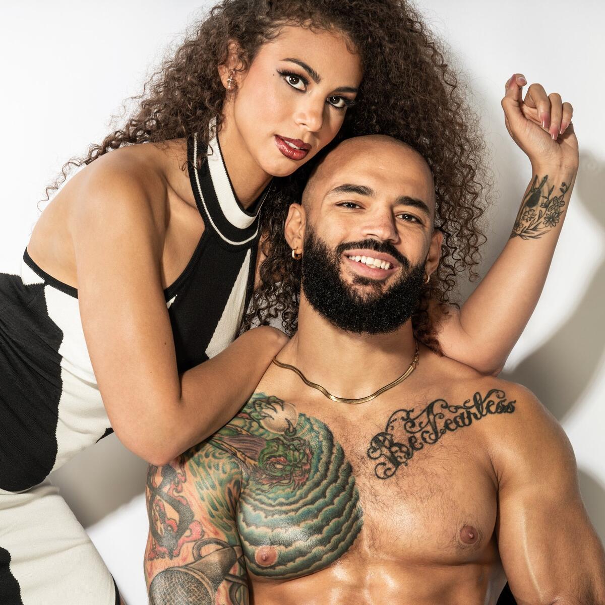 Ricochet tattoos: Wide tattoo layout showing the relationship between chest and arm