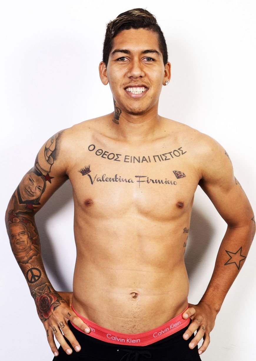 Roberto Firmino tattoos: Greek chest phrase and Valentina lettering