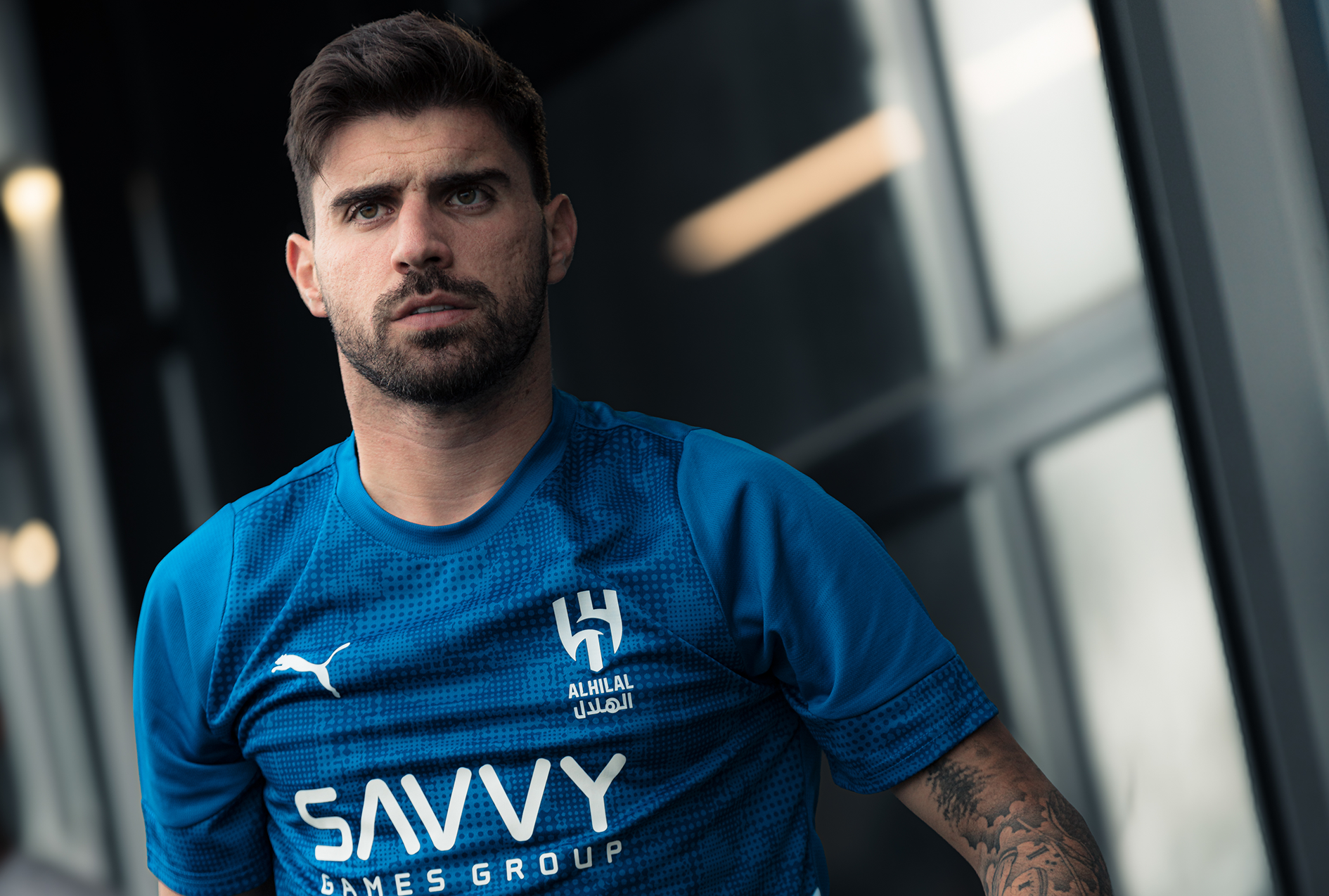 Rúben Neves Al Hilal contextual portrait Rúben Neves in a contextual photograph: Life after Wolves in Al Hilal blue; not tattoo evidence