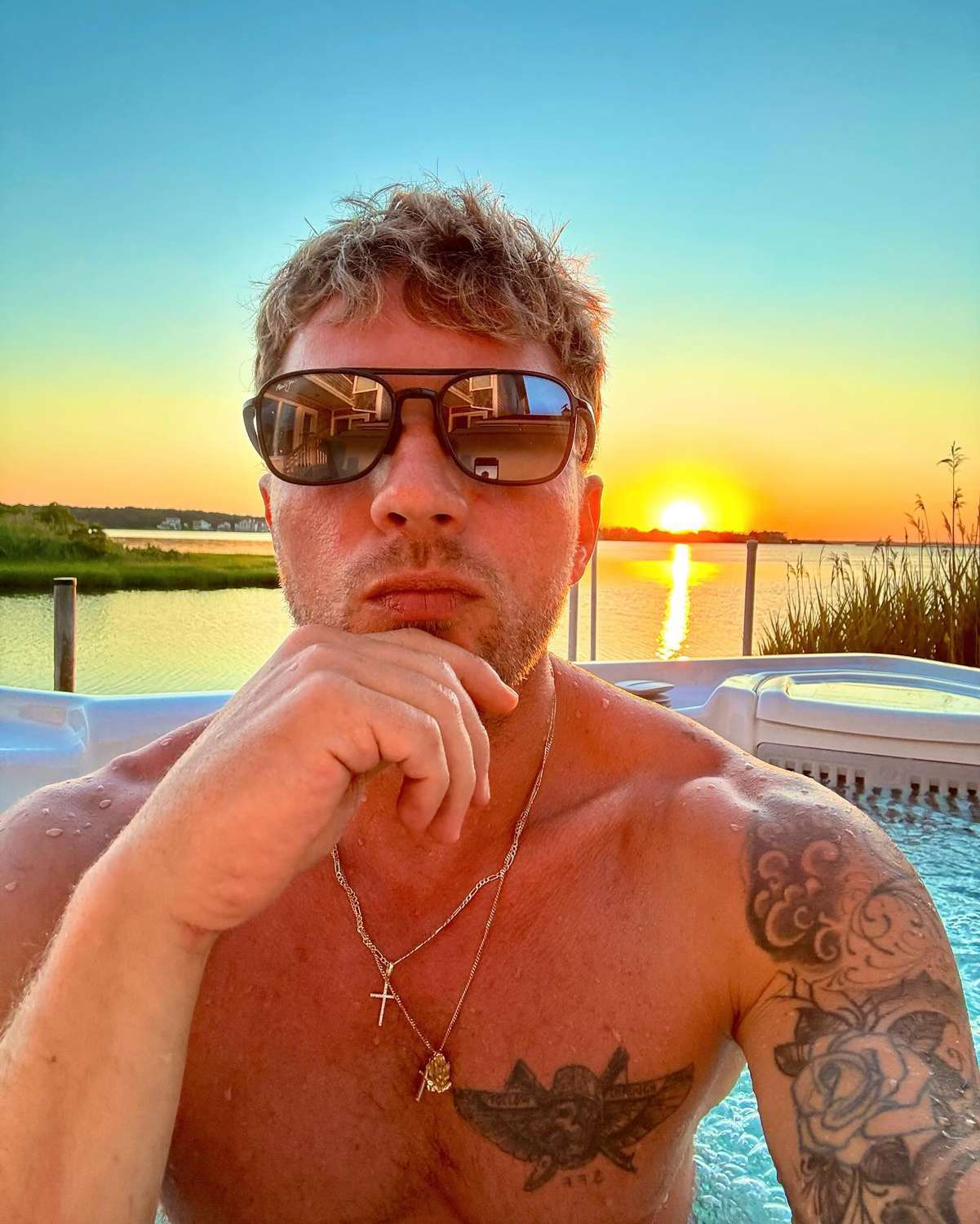 Ryan Phillippe tattoos: A face-visible shirtless portrait showing the dense sleeve, chest work, and the collection's overall scale