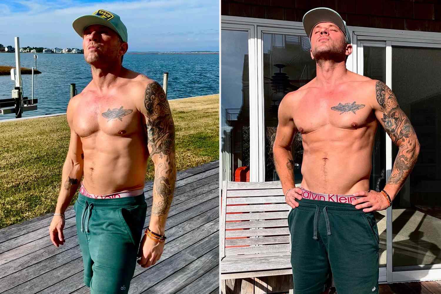 Ryan Phillippe tattoos: A two-view People portrait that shows the arm sleeve, chest placement, and the visual scale of the phoenix and rose area