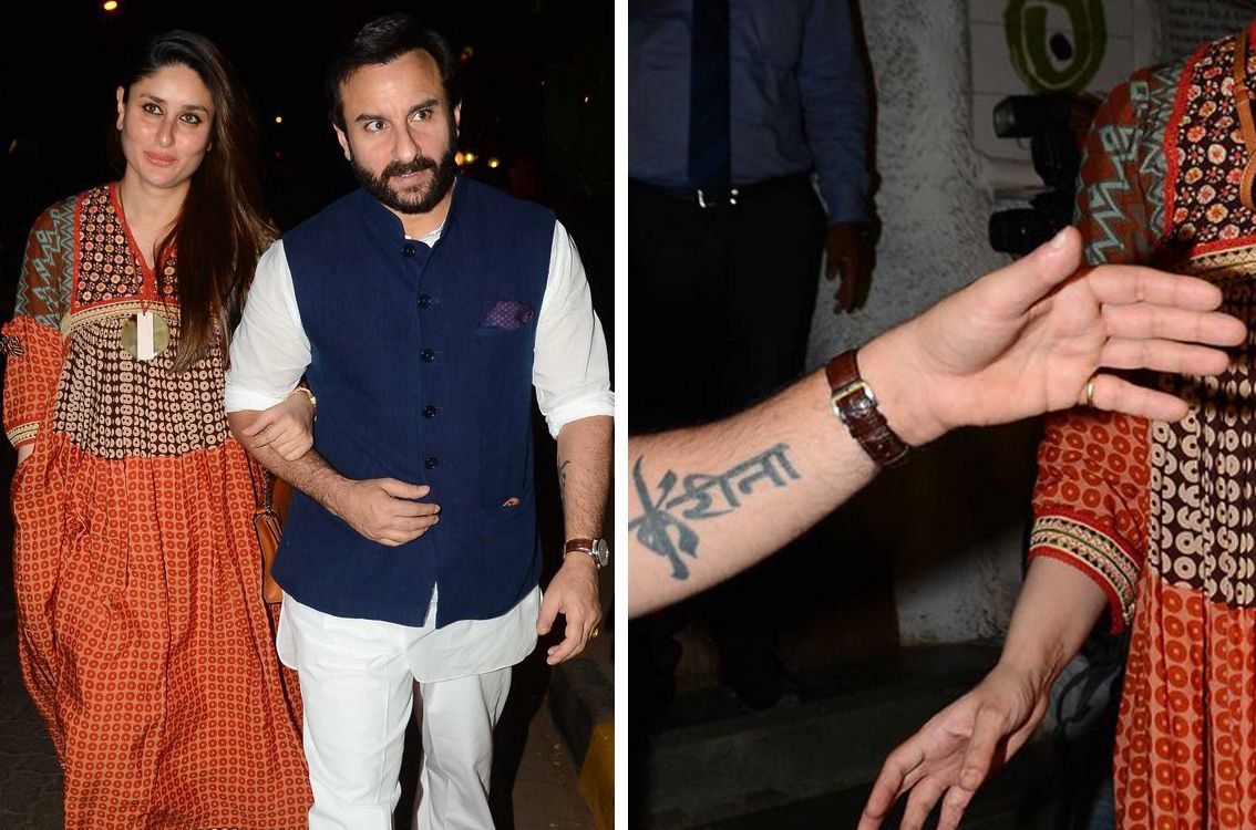 Saif Ali Khan forearm tattoo wider view Saif Ali Khan tattoos: additional placement evidence for the original name tattoo
