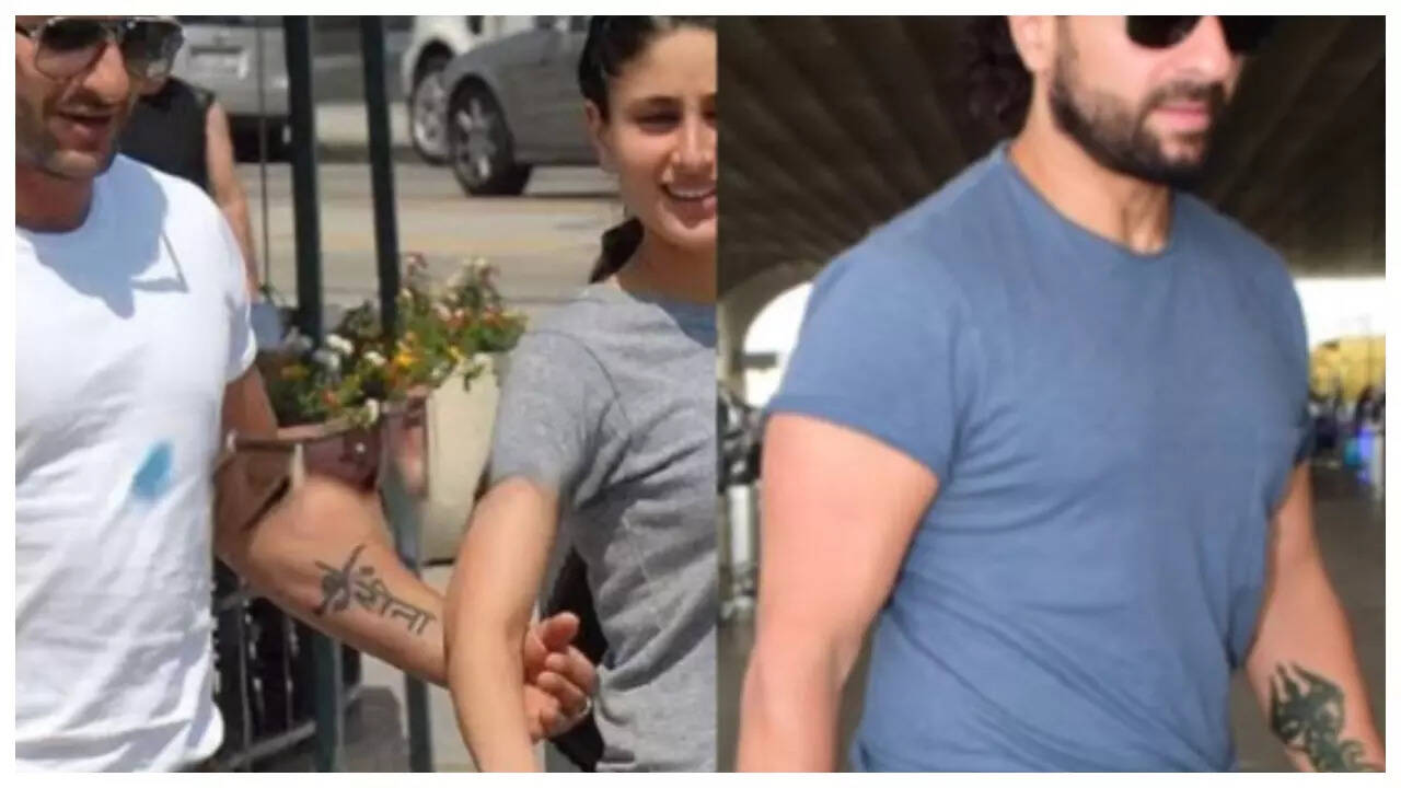 Saif Ali Khan trishul forearm tattoo second view Saif Ali Khan tattoos: tattoo evidence for forearm placement and cover-up shape