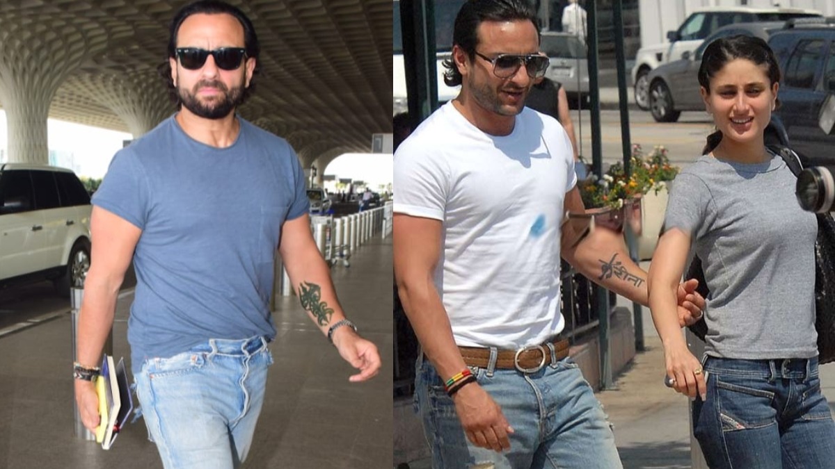 Saif Ali Khan trishul-style tattoo cover-up Saif Ali Khan tattoos: tattoo evidence for the reported cover-up
