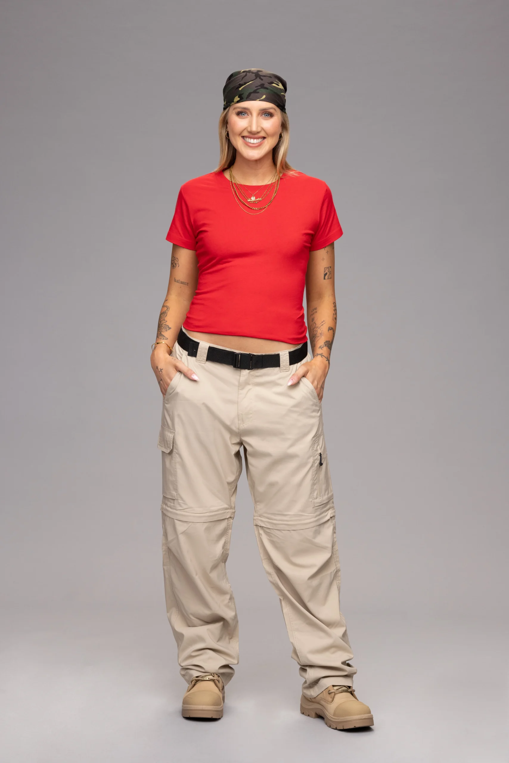 Samantha Moitzi in the 2025 jungle series publicity outfit Samantha Moitzi in a contextual photograph: A new setting in South Africa; not tattoo evidence
