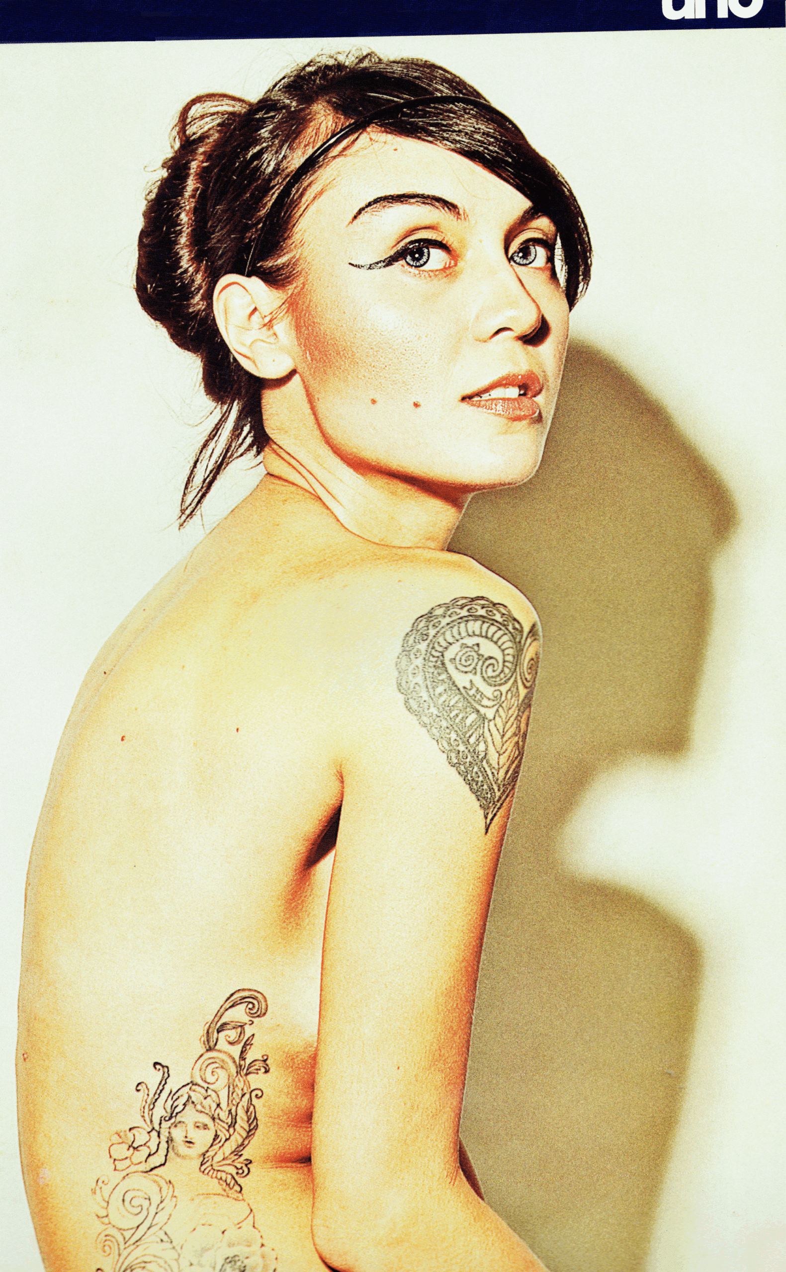 Sarah Gaugler tattoos: Back and shoulder tattoo evidence for Sarah Gaugler's modeling portrait