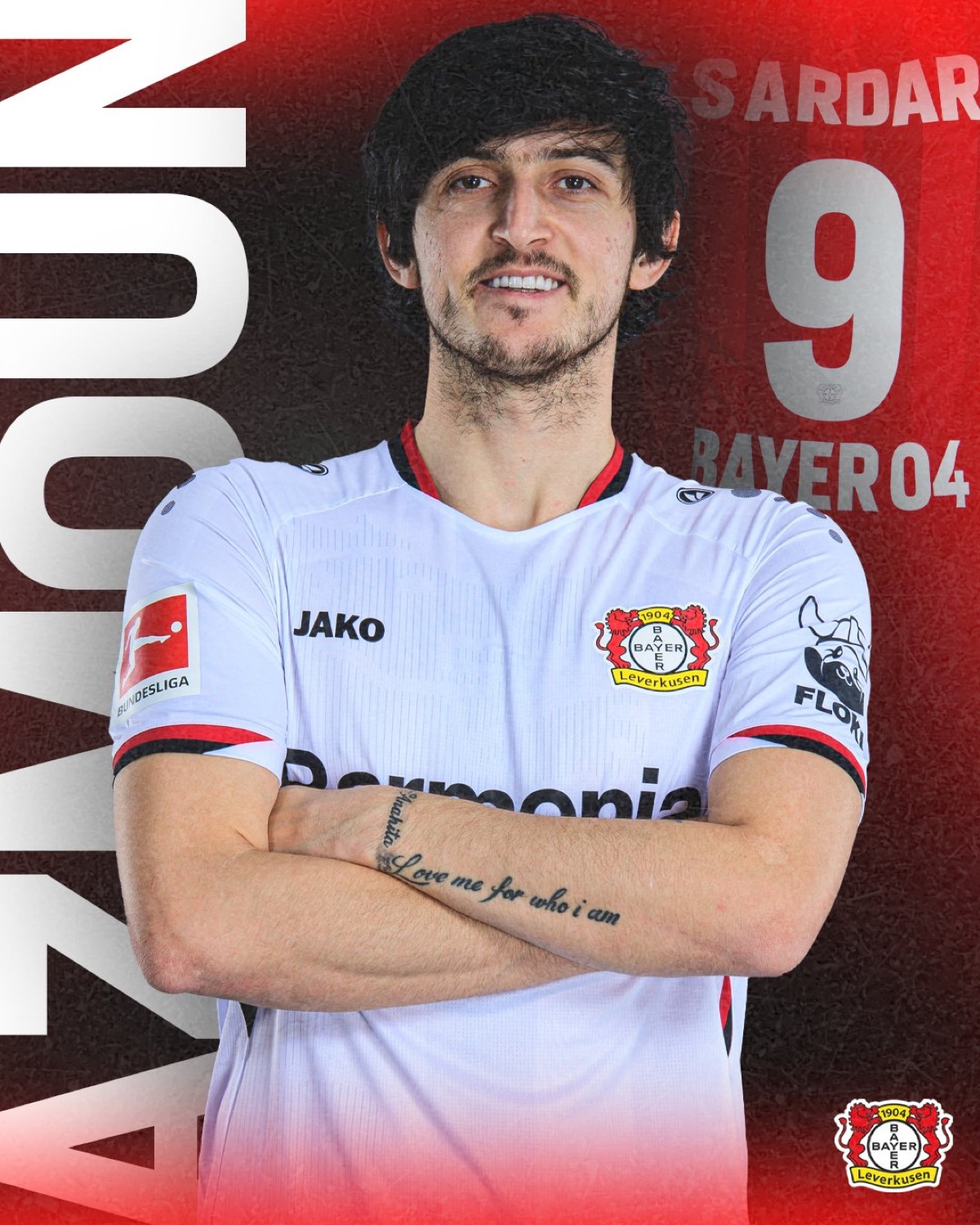 Sardar Azmoun tattoos: distinct Bayer Leverkusen portrait showing the forearm lettering