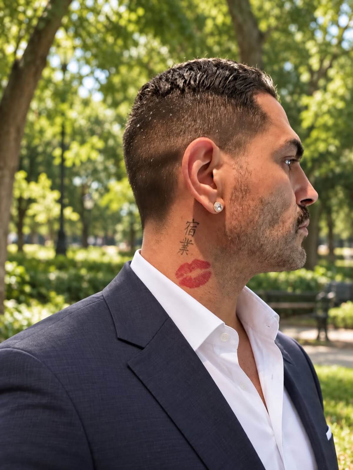 Sarper Güven tattoos: red lips neck tattoo