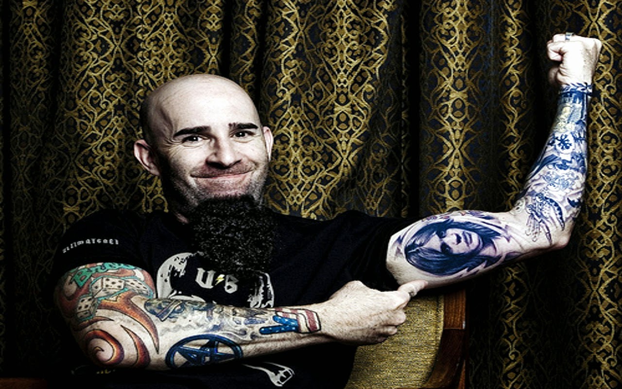 Scott Ian full sleeve tattoos in flexing portrait