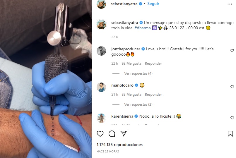 Sebastián Yatra image 20324 Sebastián Yatra tattoos: Genuine tattoo evidence showing the Dharma lettering being tattooed on Yatra’s right wrist.