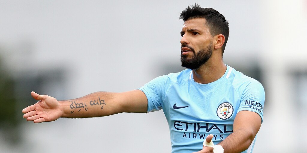 Sergio Aguero Tengwar tattoo on his forearm in Manchester City kit