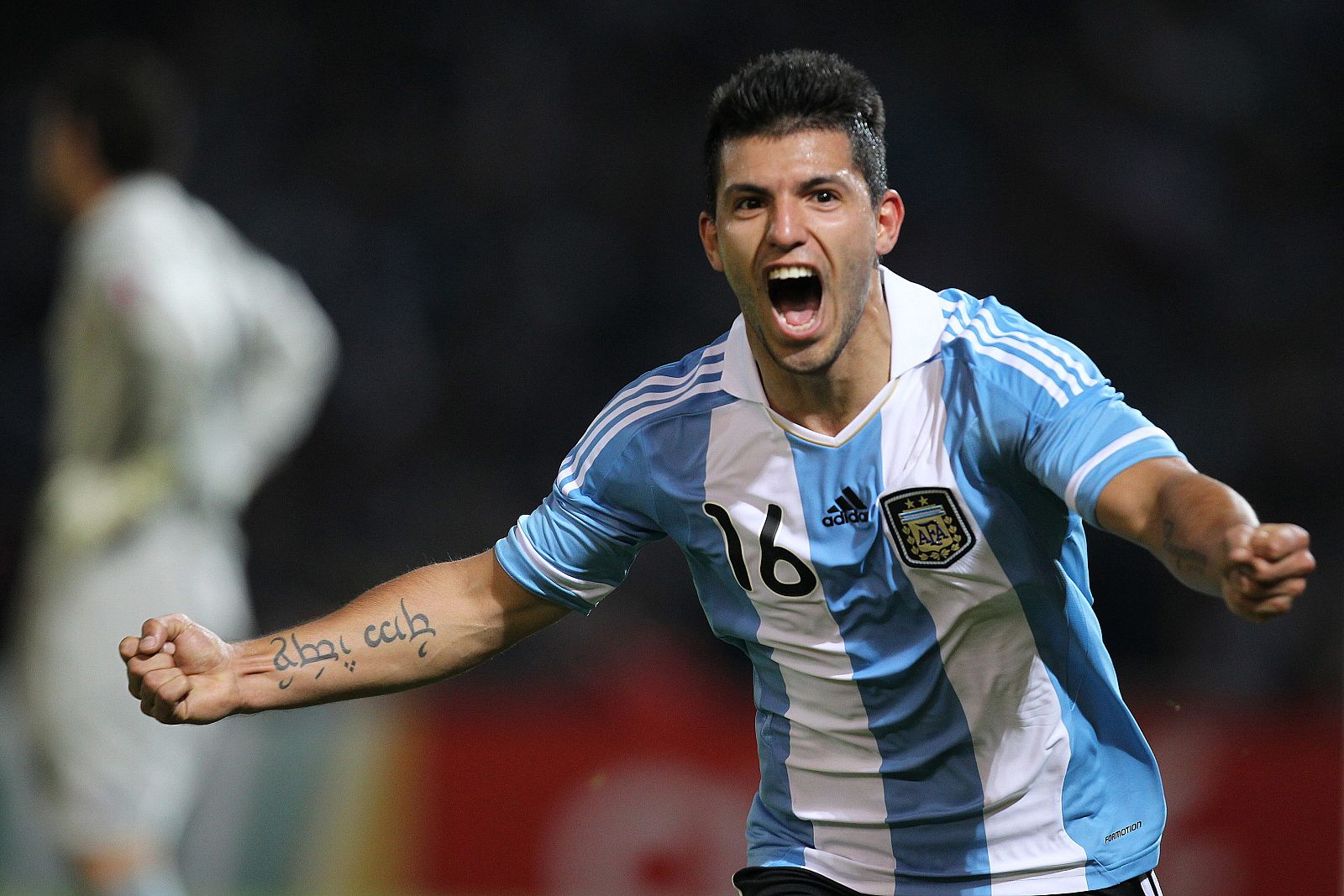 Close view of Sergio Aguero Tengwar Kun Aguero tattoo during an Argentina celebration