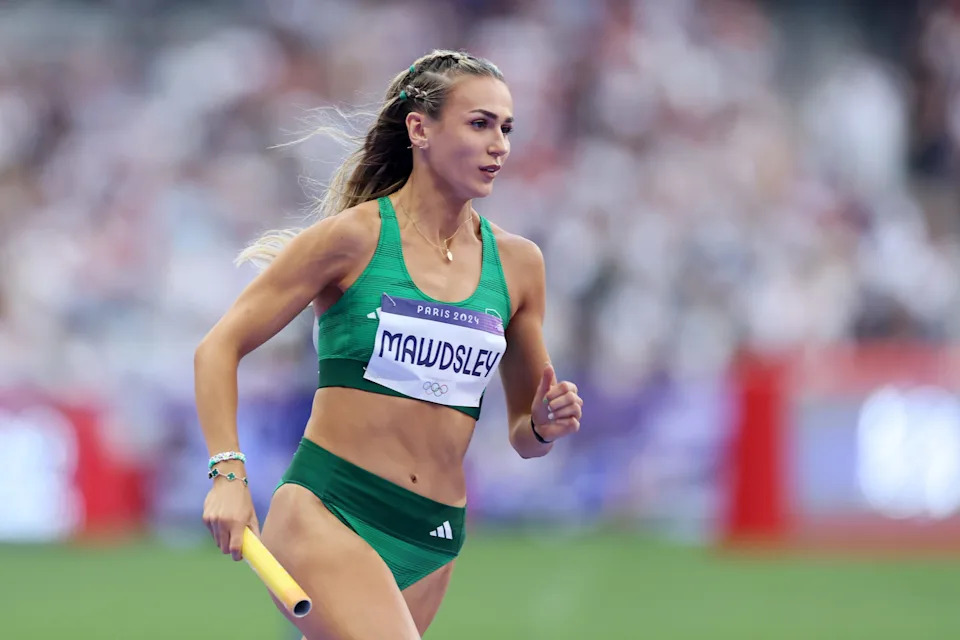 Sharlene Mawdsley in a contextual photograph: Sharlene Mawdsley racing at Paris 2024; contextual photograph, not tattoo evidence; not tattoo evidence