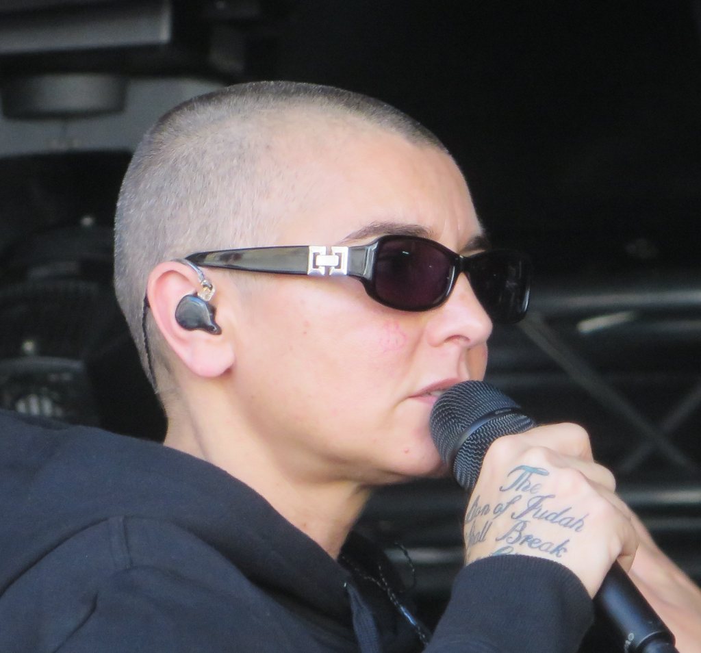 Sinéad O'Connor tattoos: Sinéad O'Connor hand lettering tattoo, selected because the named tattoo area is clearly visible in a distinct high-resolution photograph