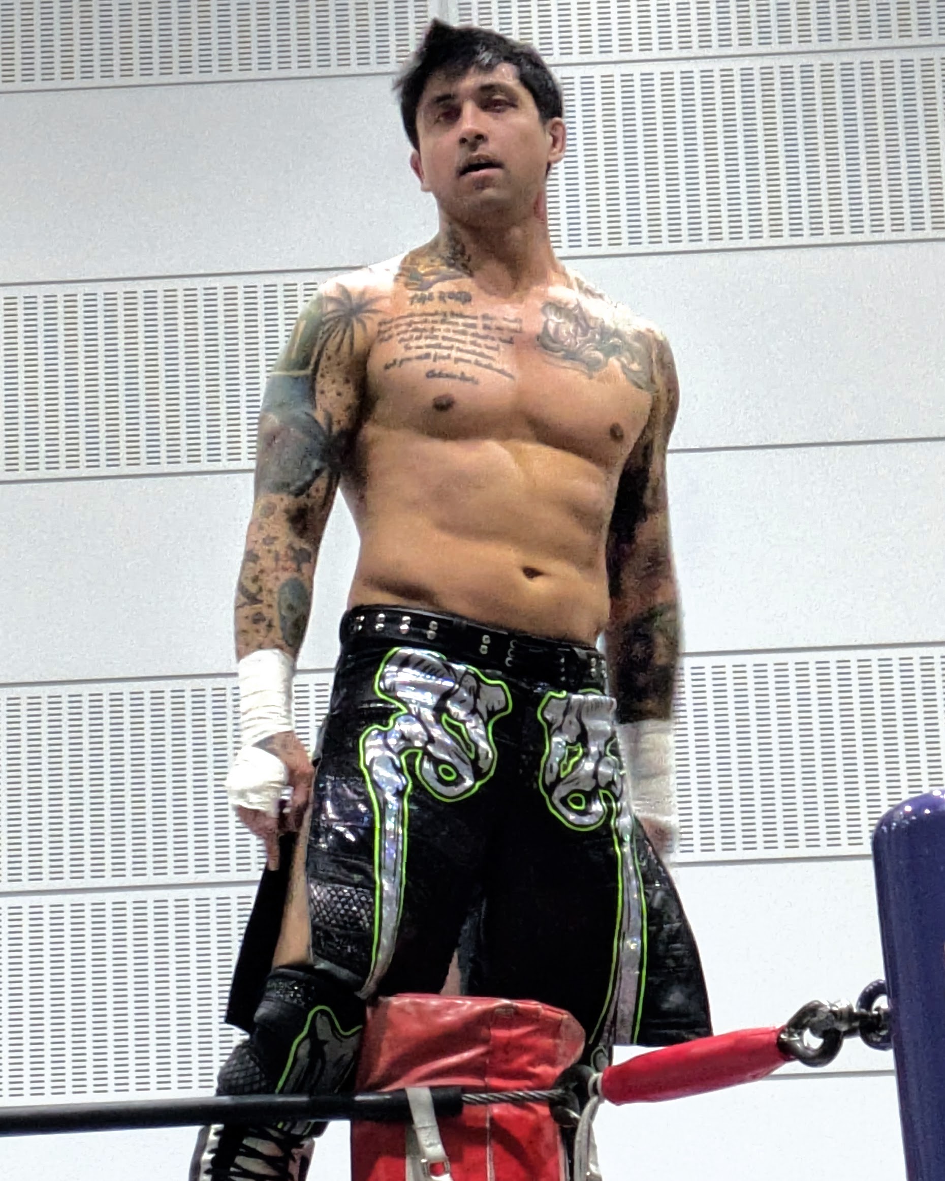 T.J. Perkins tattoos: genuine recent tattoo photograph showing the finished chest and sleeves