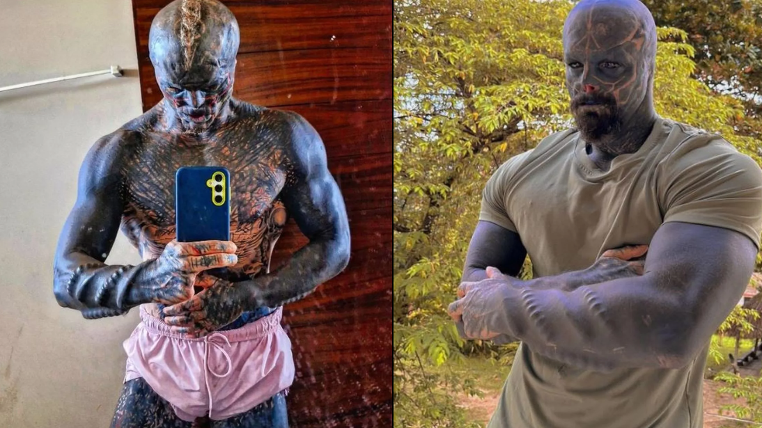Anthony Loffredo tattoos: clean two-view source image showing the tattooed torso, arms, legs and outdoor full-body silhouette