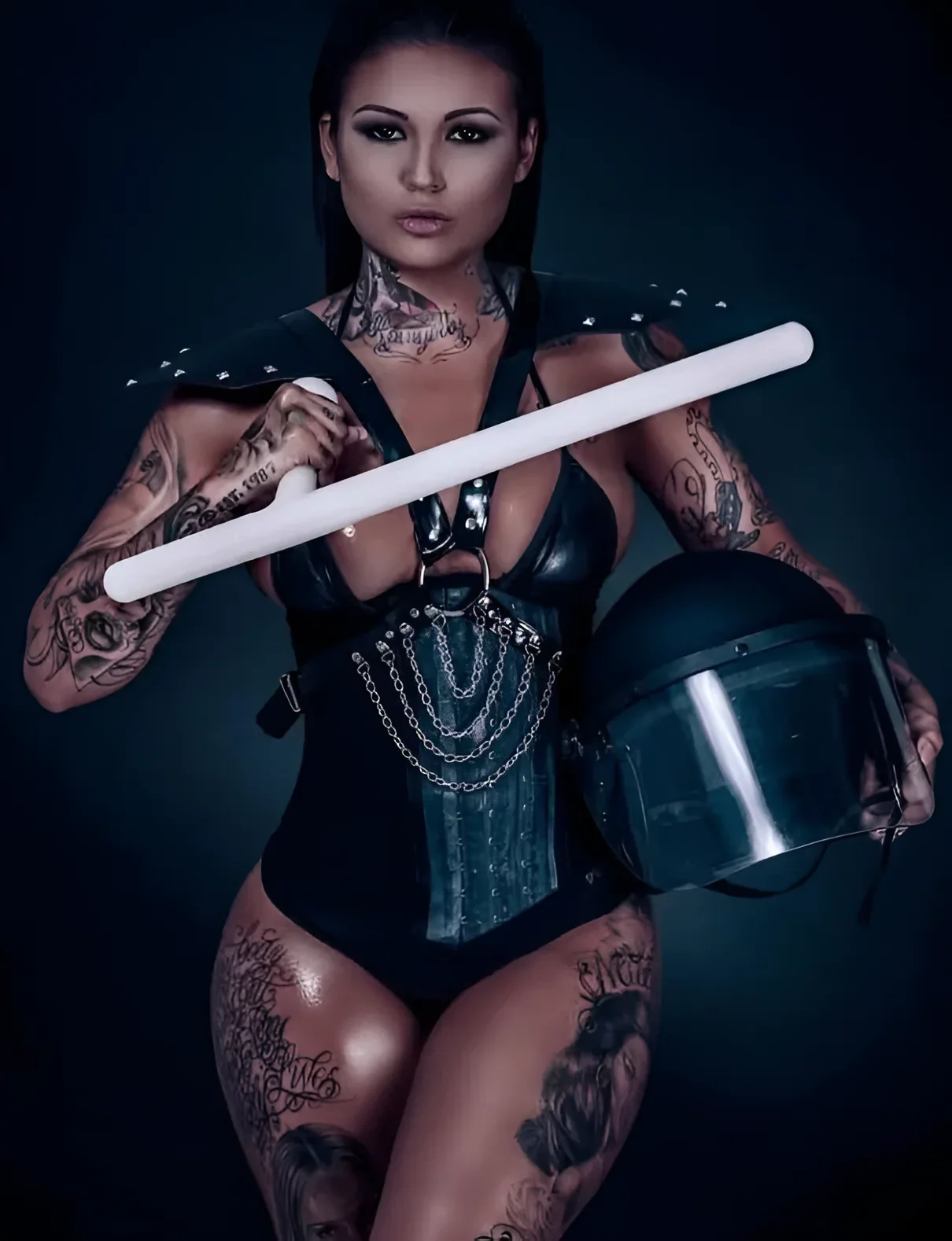 Tatu Baby tattoos: Tatu Baby full-body tattoo layout, selected because the named tattoo areas are plainly visible in a distinct high-resolution photograph