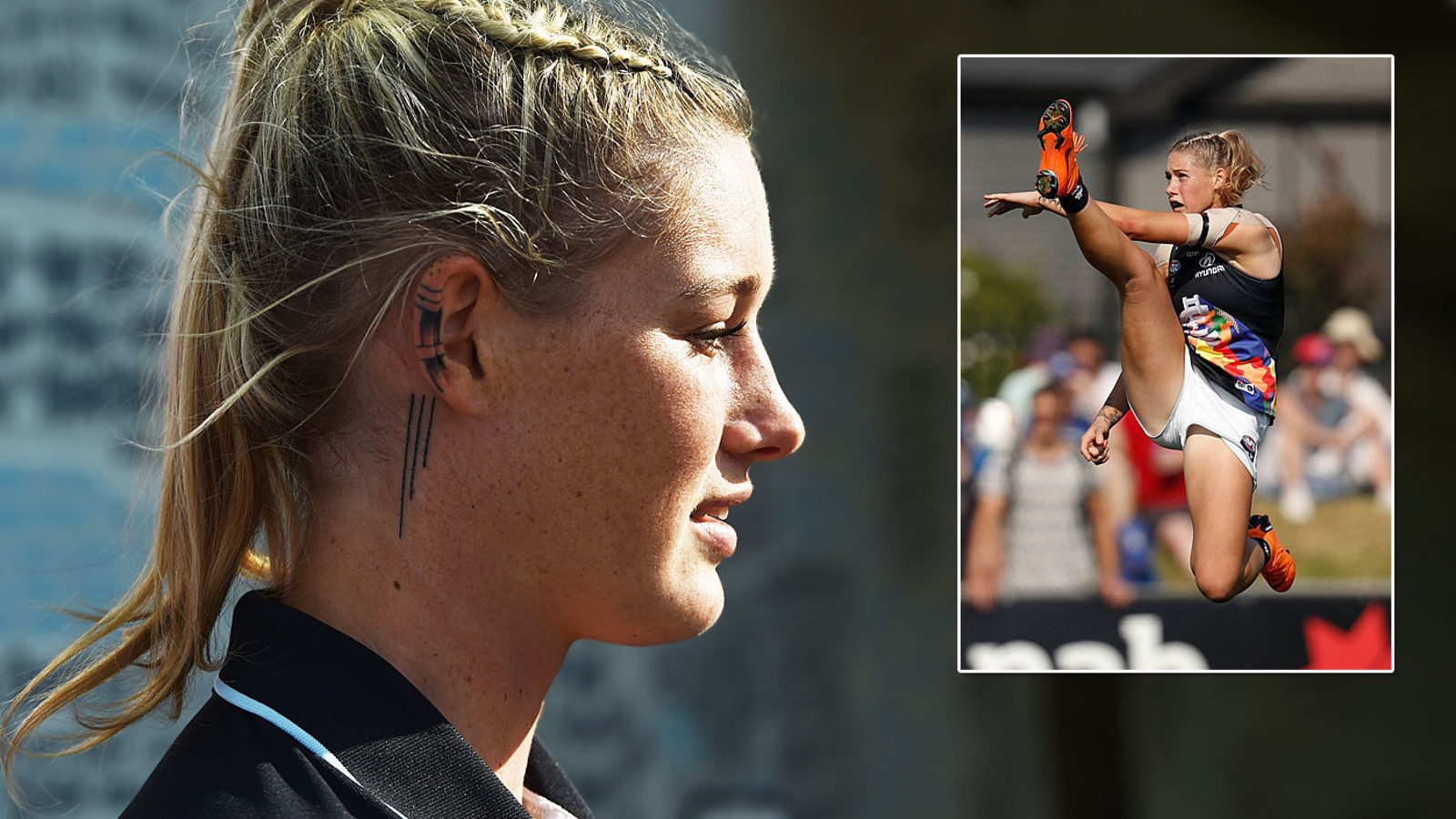 Tayla Harris tattoos: linear neck and ear tattoos in side profile