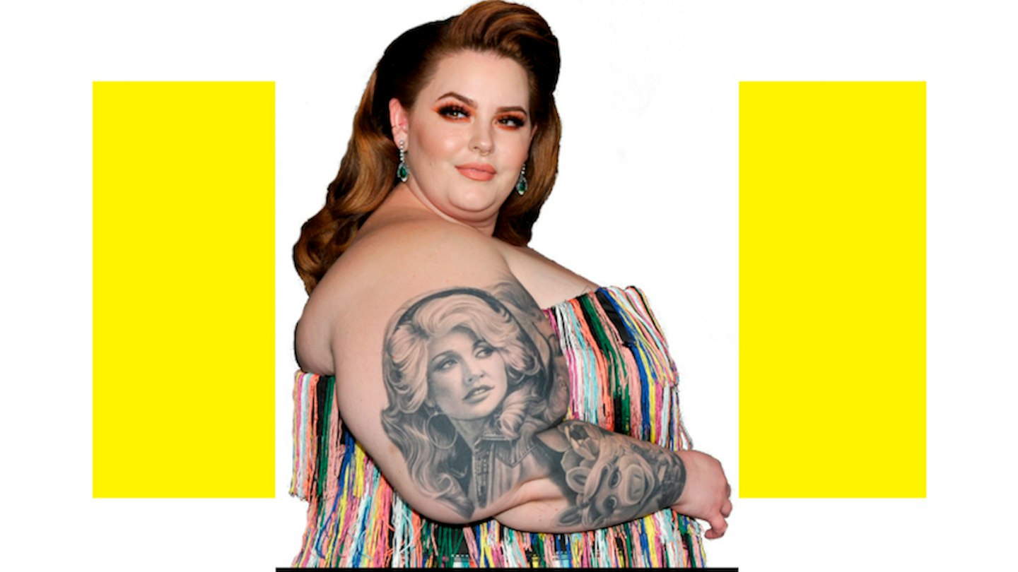 Tess Holliday Dolly Parton and Miss Piggy portraits visible on the sleeve in a colorful-fringe editorial Tess Holliday tattoos: Dolly Parton and Miss Piggy portraits visible on the sleeve in a colorful-fringe editorial