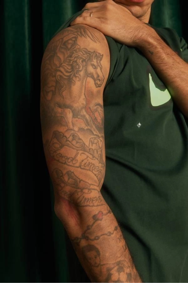 Thiago Alcántara tattoos: close view of the horse and ‘good times’ elements on his right-arm sleeve