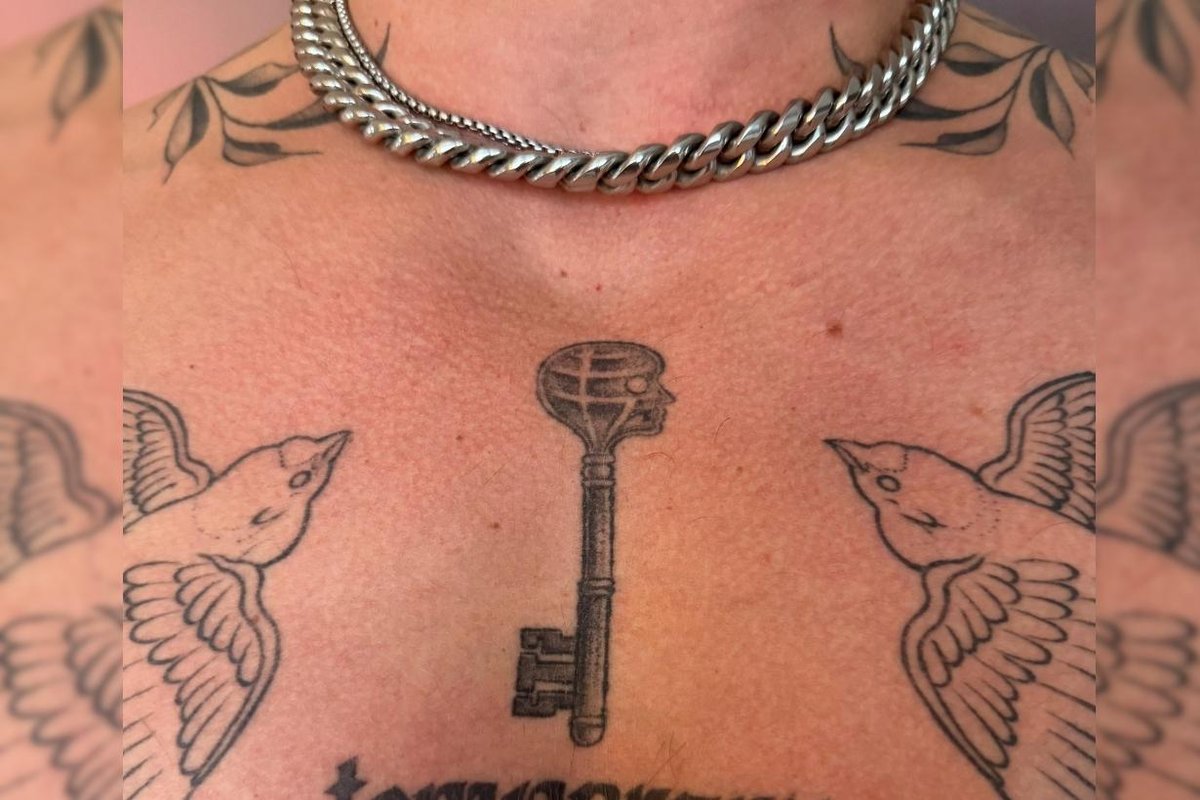 Tim Dolle Head key motif inspired by Locke & Key across the chest Tim Dolle tattoos: Head key motif inspired by Locke & Key across the chest