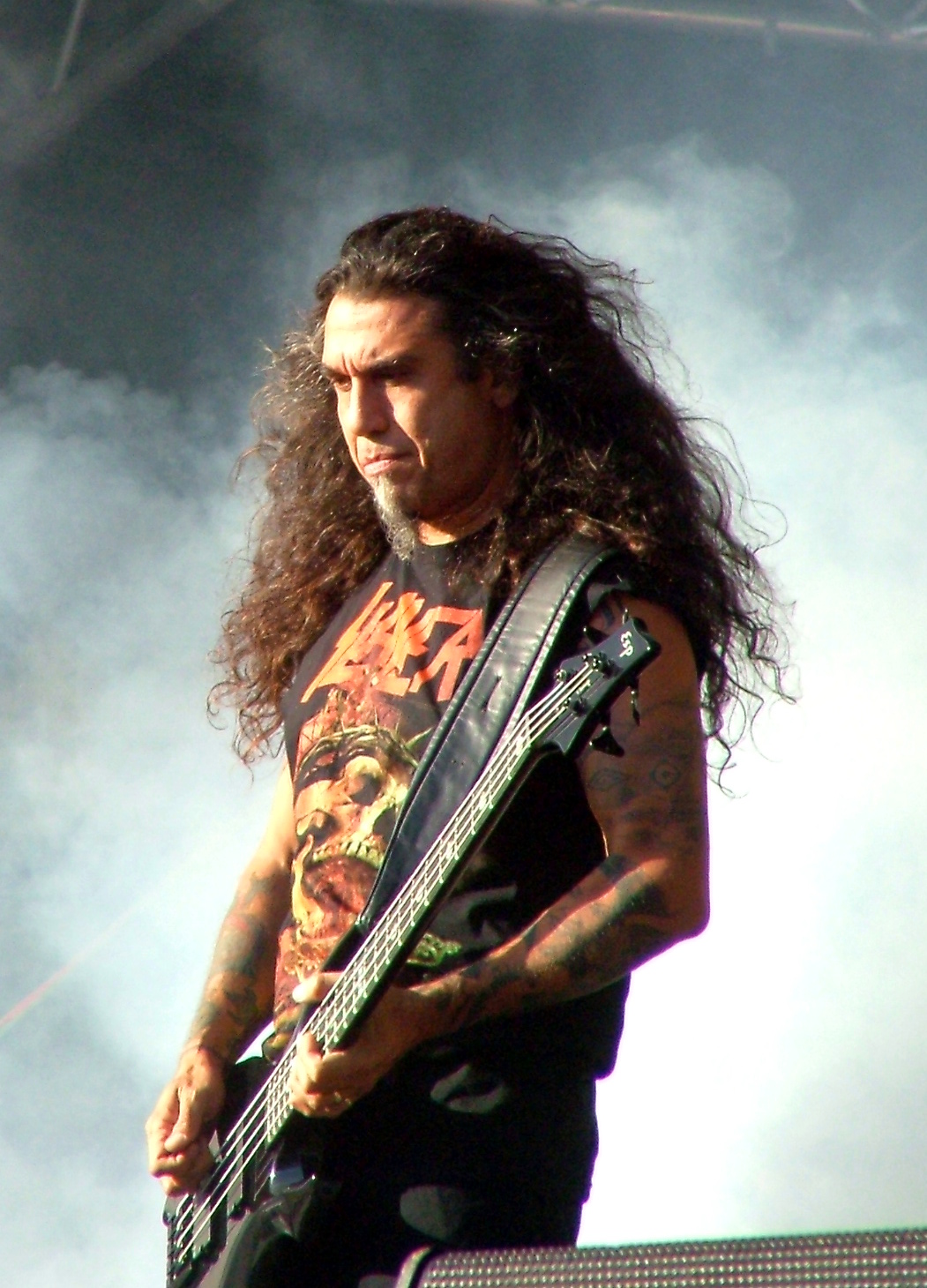 Tom Araya forearm tattoos during Slayer performance at Tuska 2008