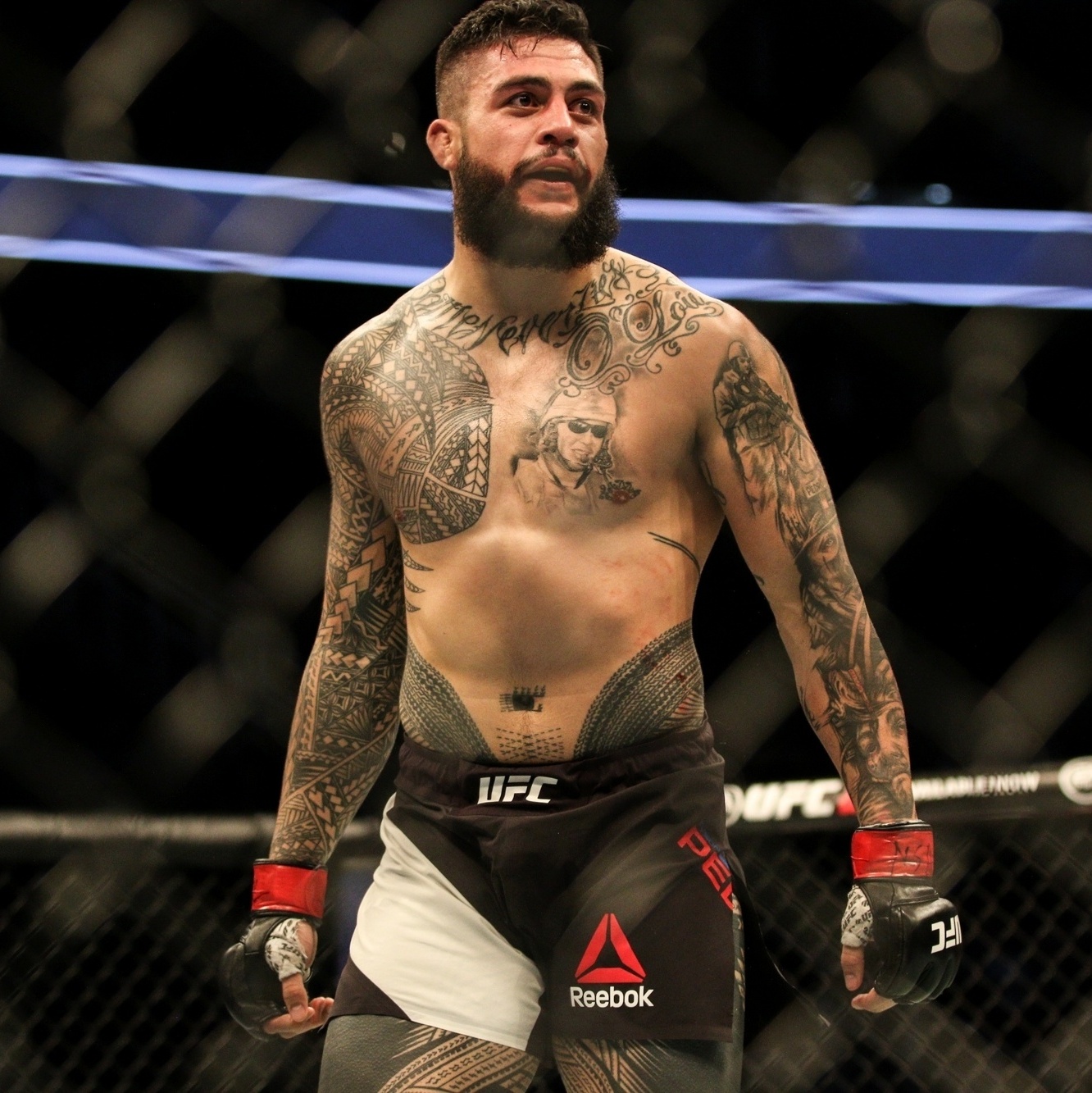 Tyson Pedro tattoos: Octagon photograph showing the full chest, arms, waist and upper leg tattoo coverage.