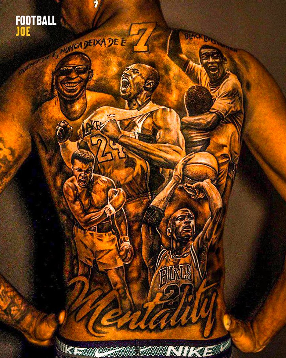 Vinícius Júnior Full-back mural showing the four portraits, number 7, shoulder lettering and lower-back script Vinícius Júnior tattoos: Full-back mural showing the four portraits, number 7, shoulder lettering and lower-back script